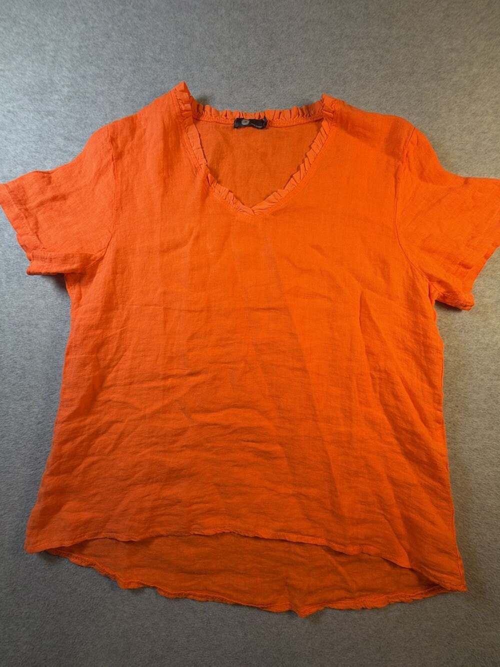M Made in Italy Women's 100% Linen Ruffle V-Neck Short Sleeve High-Low Top